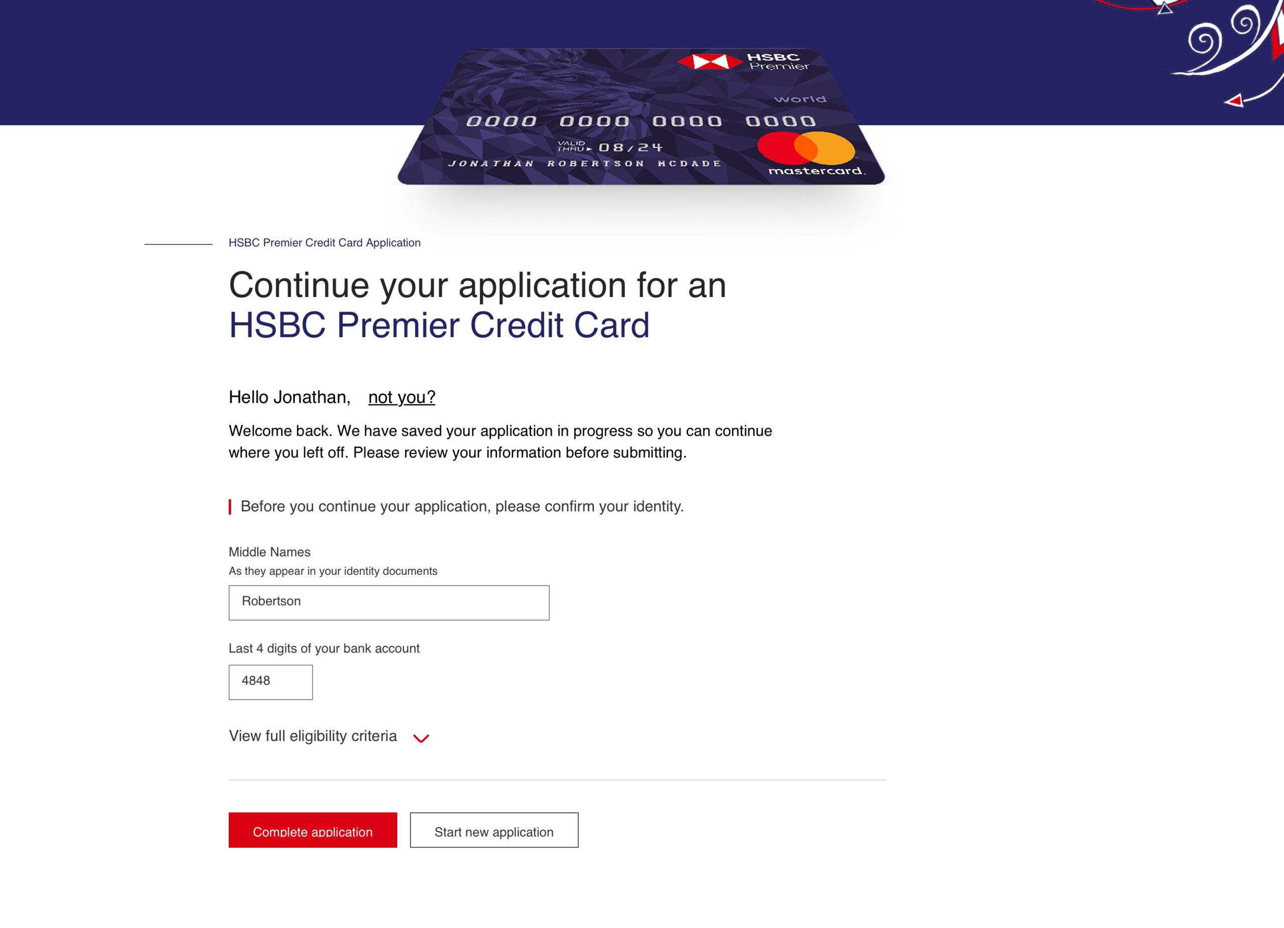 Continue your application page