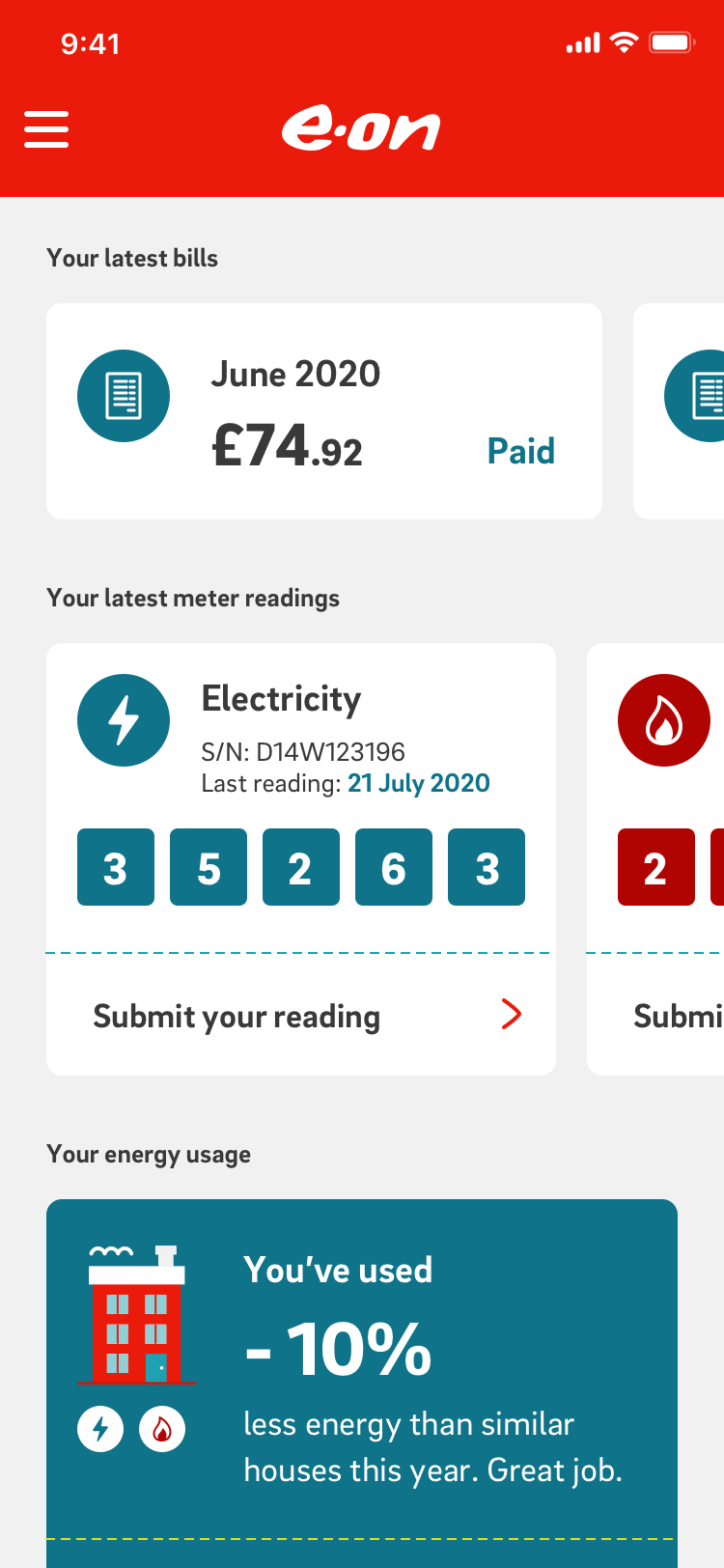 Dashboard: latest bills and meter readings