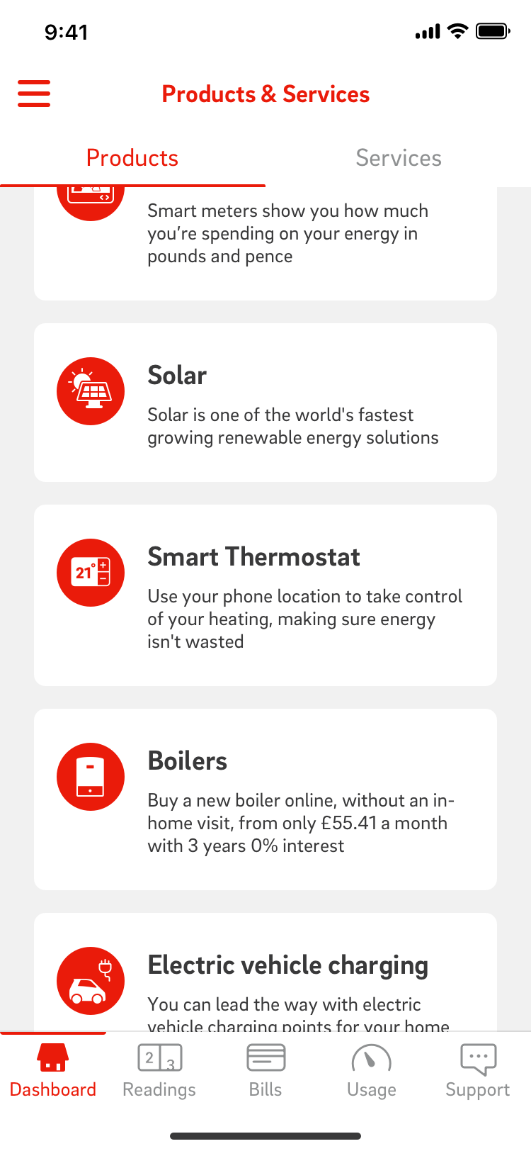 Products and services: smart meters, solar, thermostats and boilers