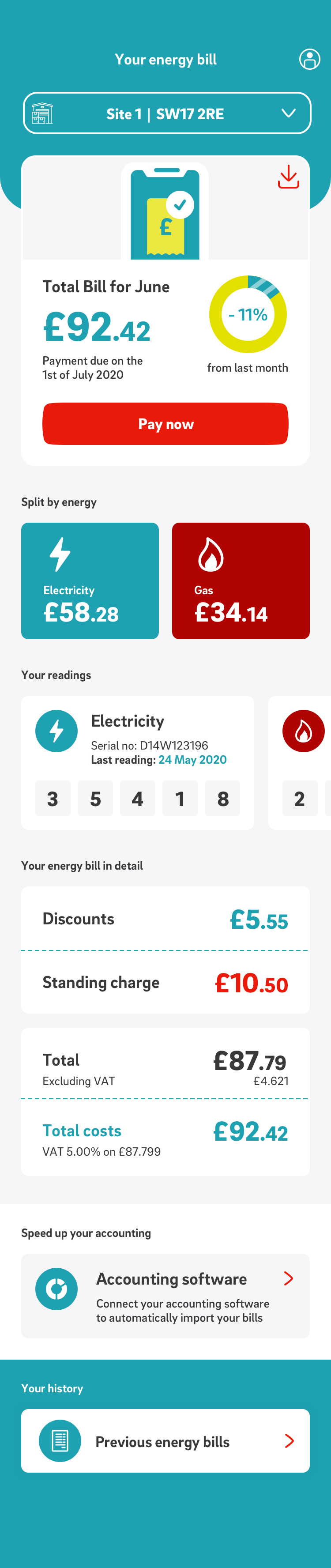 SME energy bill: total for June, split by energy and meter readings