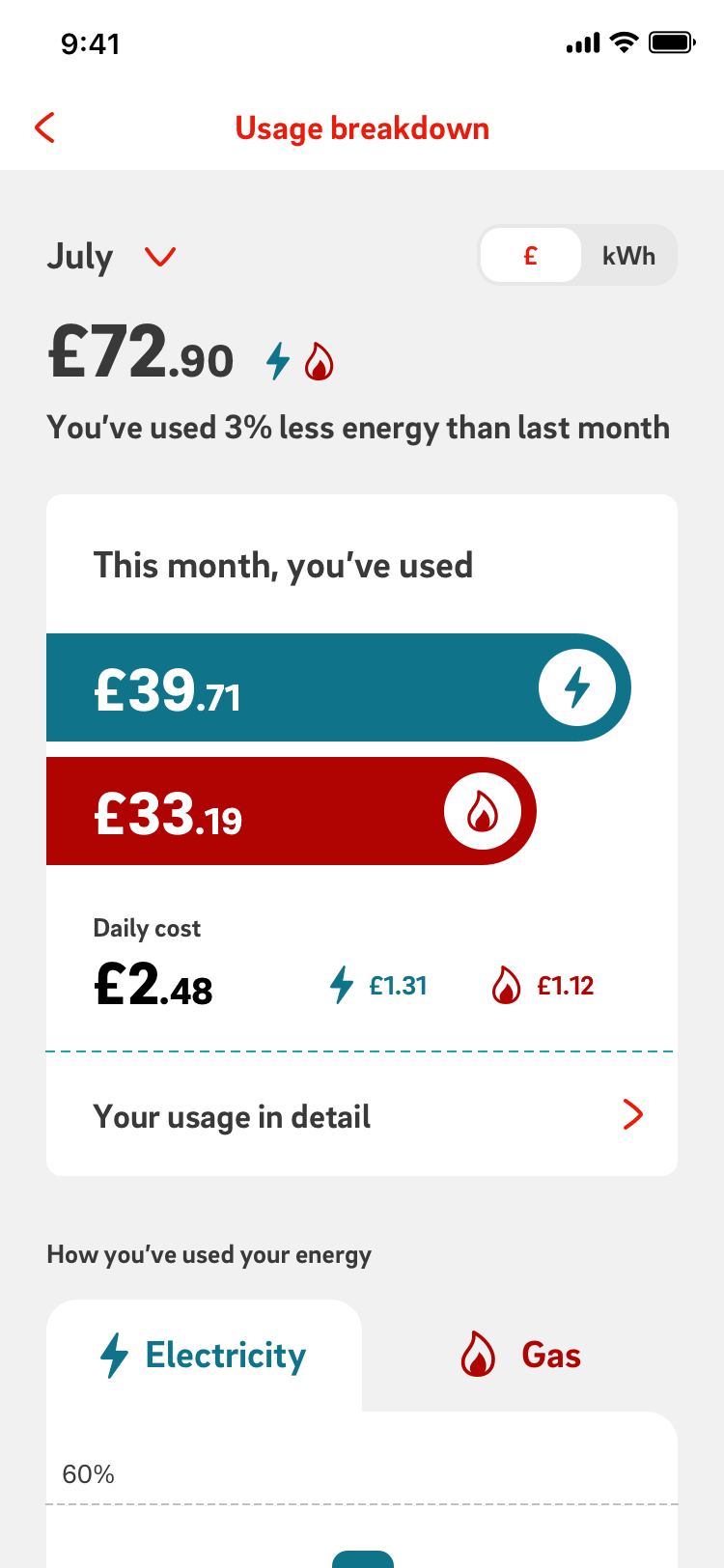Usage breakdown: electricity and gas split