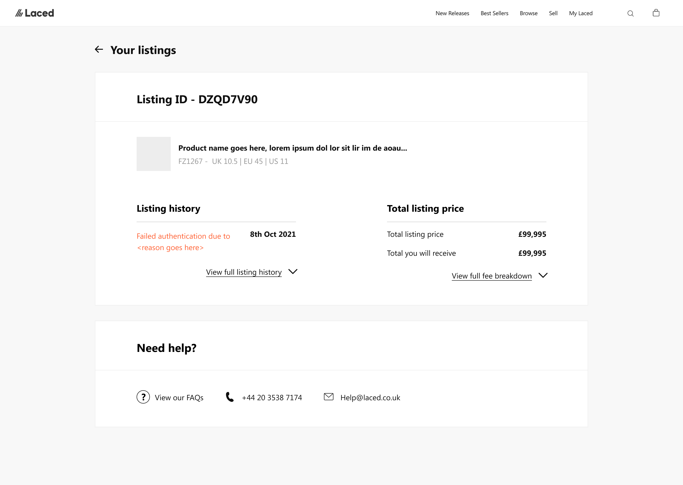 Listing detail in the customer view: a failed authentication shown as a dated line in the listing history, with help routes underneath