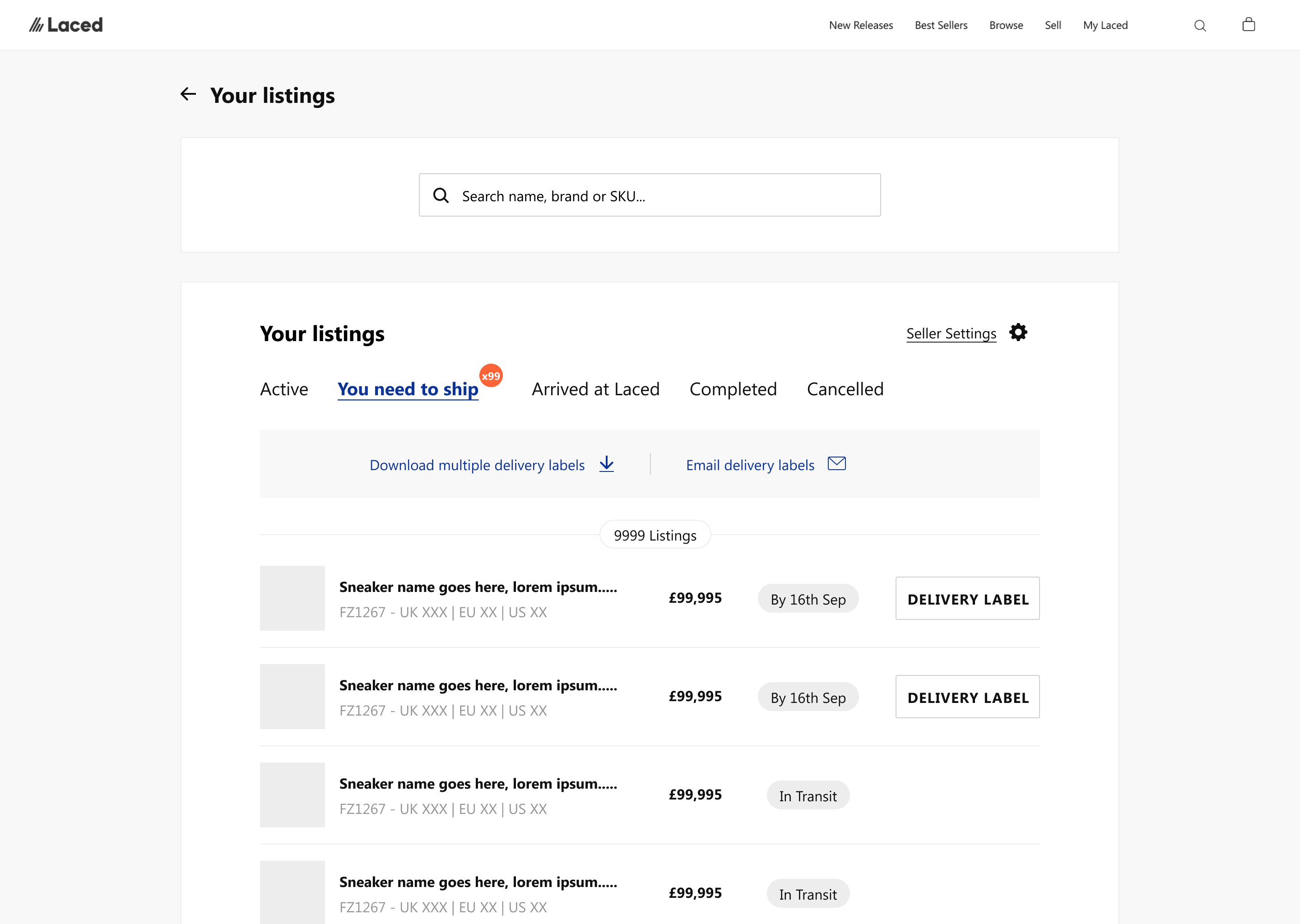 You need to ship: the seller queue with ship-by dates, delivery-label actions and in-transit states