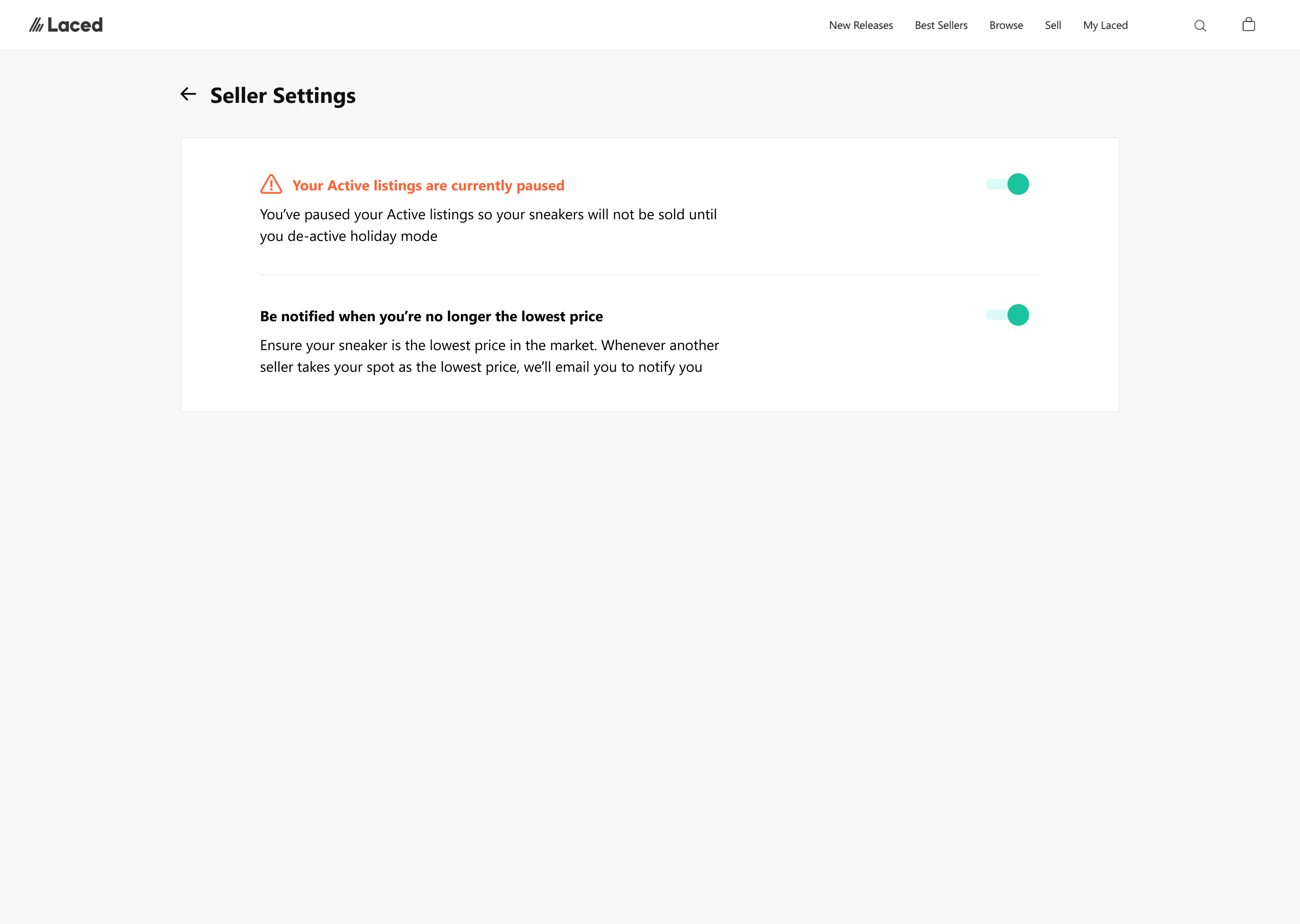 Seller settings: holiday mode and lowest-price notifications, both switched on