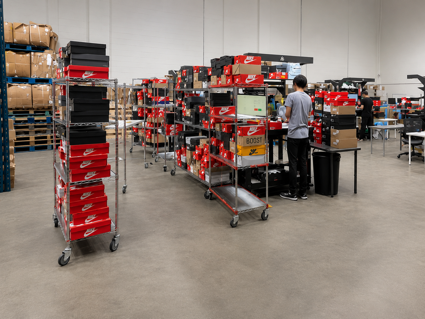 The authentication floor: mobile racks of boxed sneakers feeding operator stations across the 6,000 sq ft warehouse