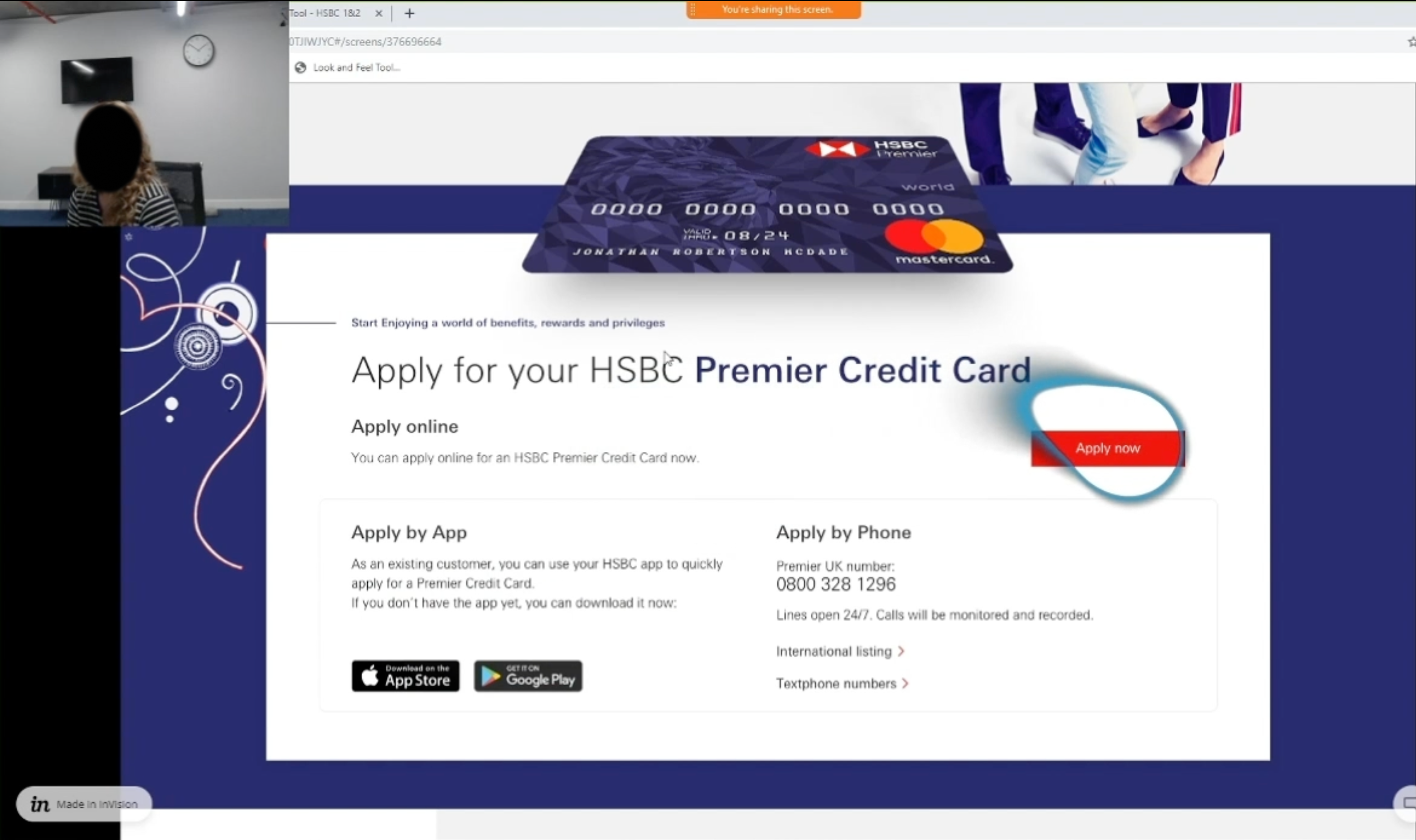 A participant in a moderated eye-tracking session, reviewing the Premier credit card application page