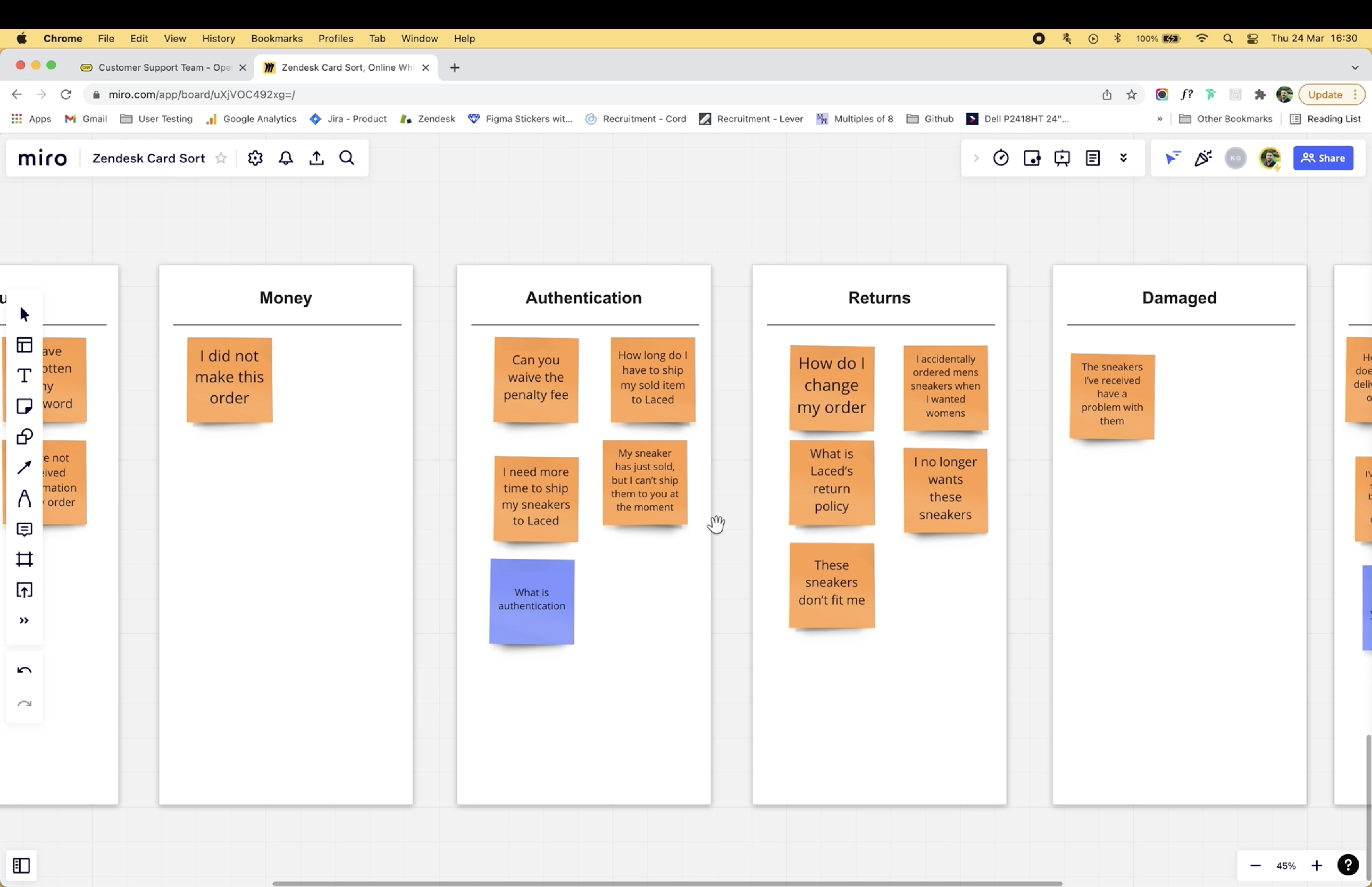 Open card sort board: tickets grouped into WISMO, Account, Money, Authentication, Returns, Damaged, Delivery and Catalogue